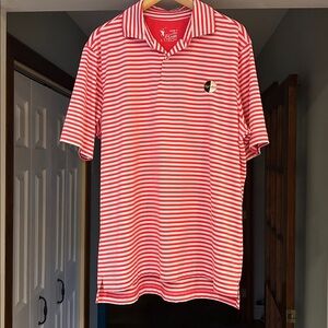 Men’s FG Tech Short Sleeve Golf Polo Shirt Coral White Stripe Half Moon Size L